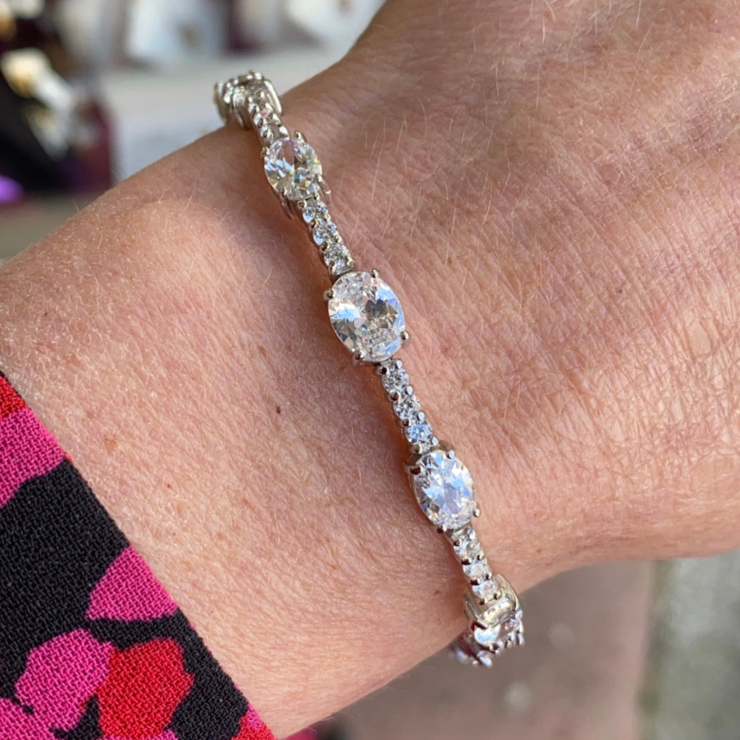 Silver Oval and Round CZ Line Bracelet 19.5cm - John Ross Jewellers