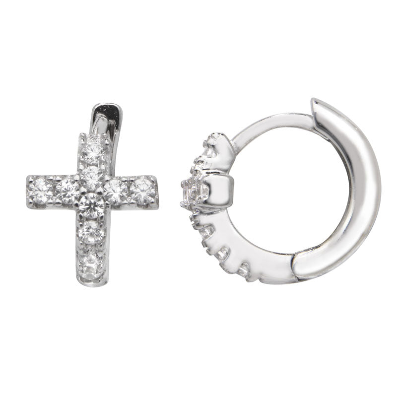 Silver CZ Cross Huggie Hoop Earrings 9mm John Ross Jewellers
