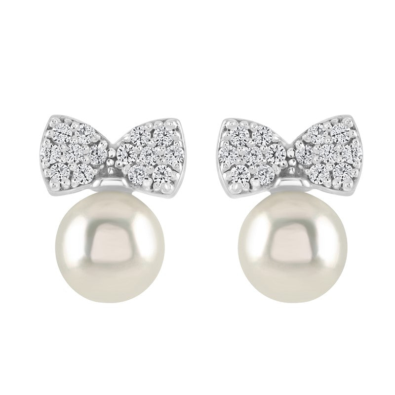 Silver Pearl & CZ Bow Stud Earrings - John Ross Jewellers