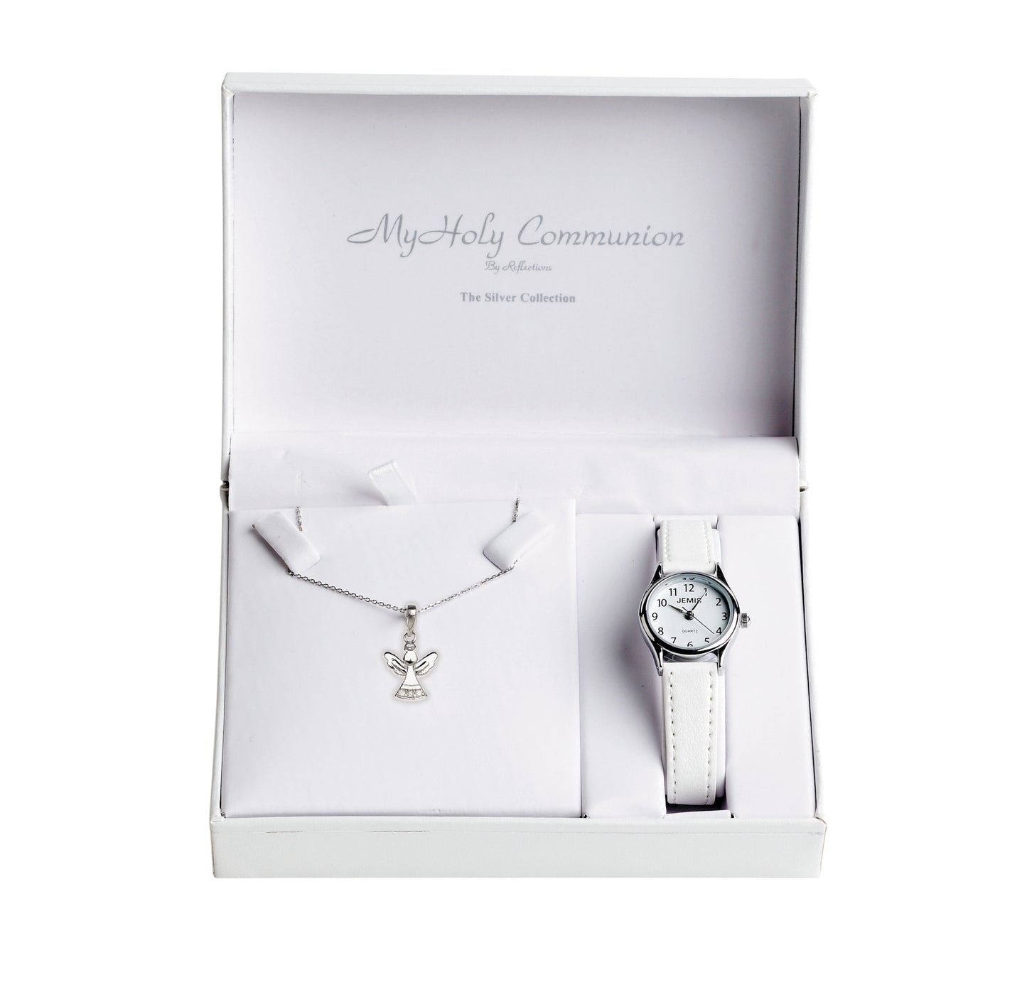 This First Holy Communion gift set comprising of a classic white watch and simple sterling silver pendant include the perfect accessories for any girls special day. This darling watch with a simple white face and snow white leather strap is set in a silver bezel. Accompanied with the beautiful angel pendant set with cubic zirconia srones, hanging on an adjustable box chain, how could you resist these beauties?!
