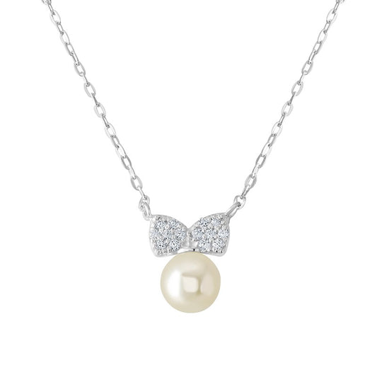 Silver Pearl & CZ Bow Necklace - John Ross Jewellers