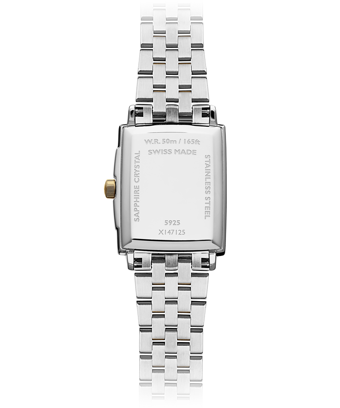 Raymond Weil Lady TOCCATA Rectangular 23.4 x 34.6mm Two Tone Mother Of Pearl dial, diamonds & roman numeral indexes - John Ross Jewellers