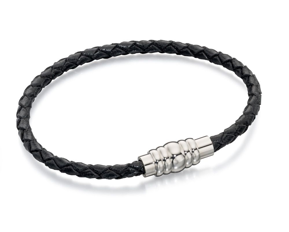 FRED BENNETT Skinny Braided Black Leather Wristband - John Ross Jewellers