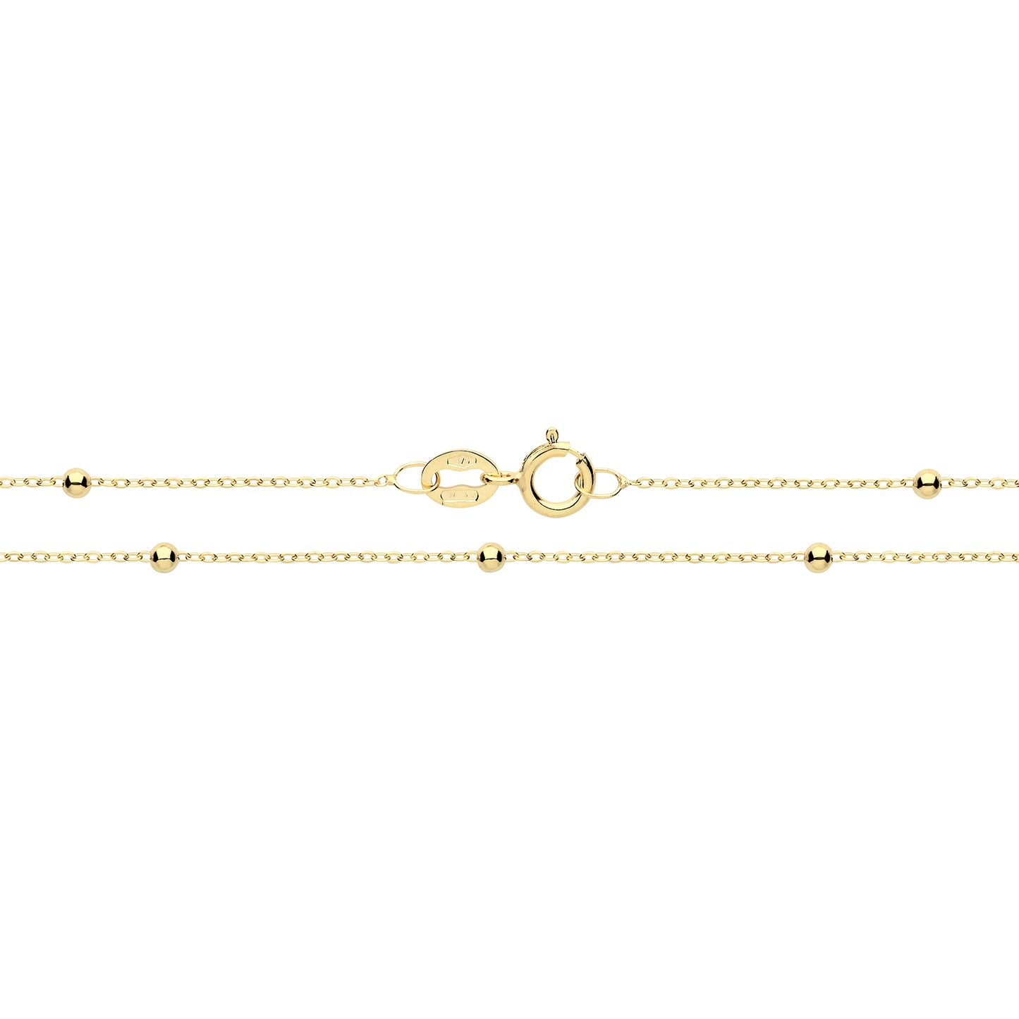 So pretty and ultra delicate, this beautiful 9ct yellow gold anklet is adorned with 9ct gold beads along its length. 10" long.
