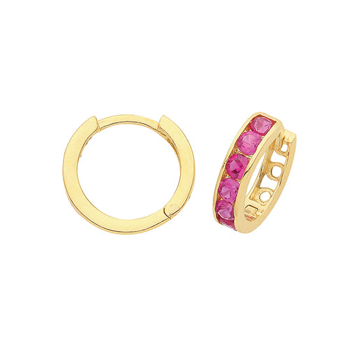 9ct Gold 11mm Huggie Hoop Earrings | Ruby Red CZ - John Ross Jewellers