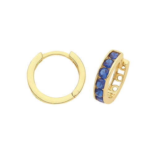 9ct Gold 11mm Huggie Hoop Earrings | Sapphire Blue CZ - John Ross Jewellers
