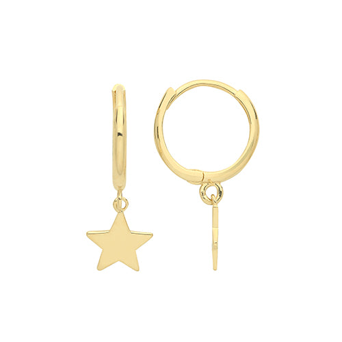 9ct Gold Star Drop Huggie Earrings These 9ct yellow gold hoop earrings are super stylish and bang on trend. Wear them with any of our gorgeous new 9ct gold fine necklaces. They are especially nice with a cosy jumper for understated glam on winter days. An absolute must-have. They have a plain polished finish. 11mm diameter. Length 19mm. Material: 9ct gold