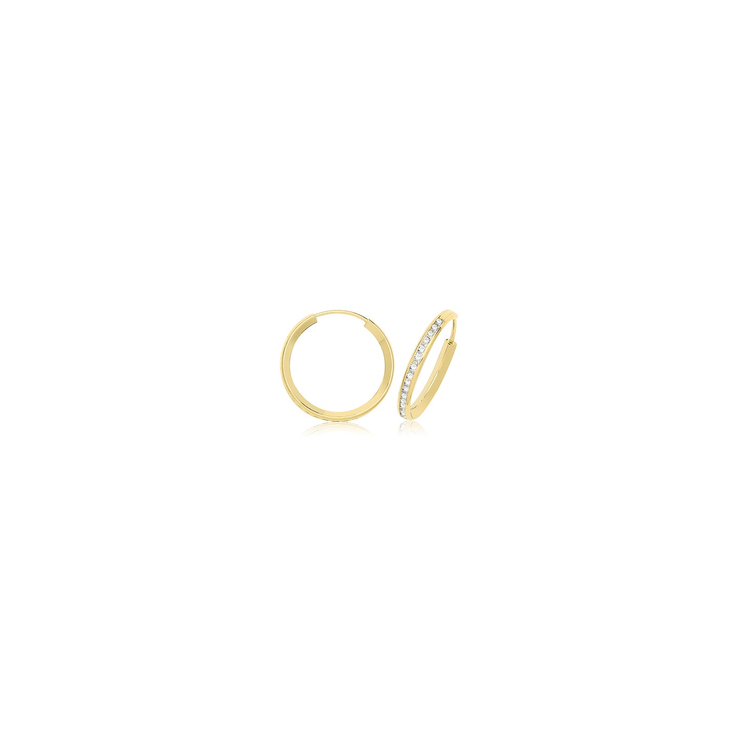 9ct gold channel set CZ sleeper hoop earrings by THC, 15mm diameter, showcasing sparkling cubic zirconia stones in a sleek hoop design.