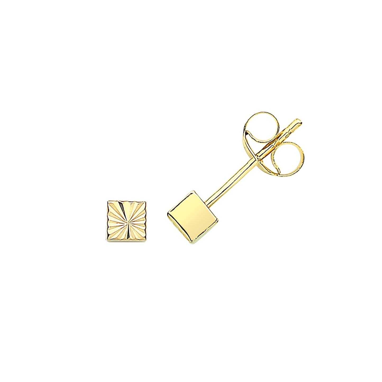 Tiny 9ct gold cube stud earrings by THC, small geometric jewelry for pierced ears, featuring minimalist design and shiny finish.