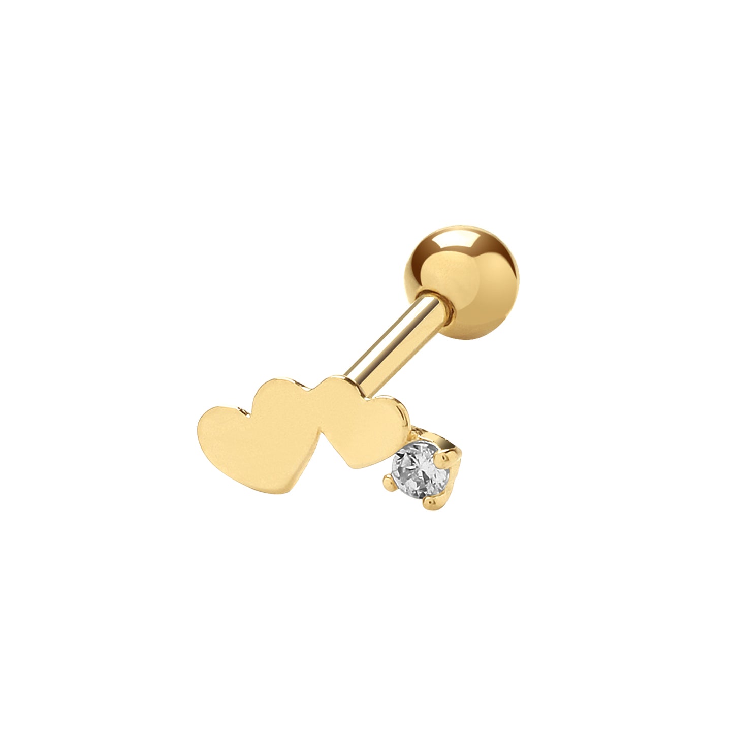 Ear Candy 9ct Gold CZ Two Hearts Cartilage Stud - John Ross Jewellers