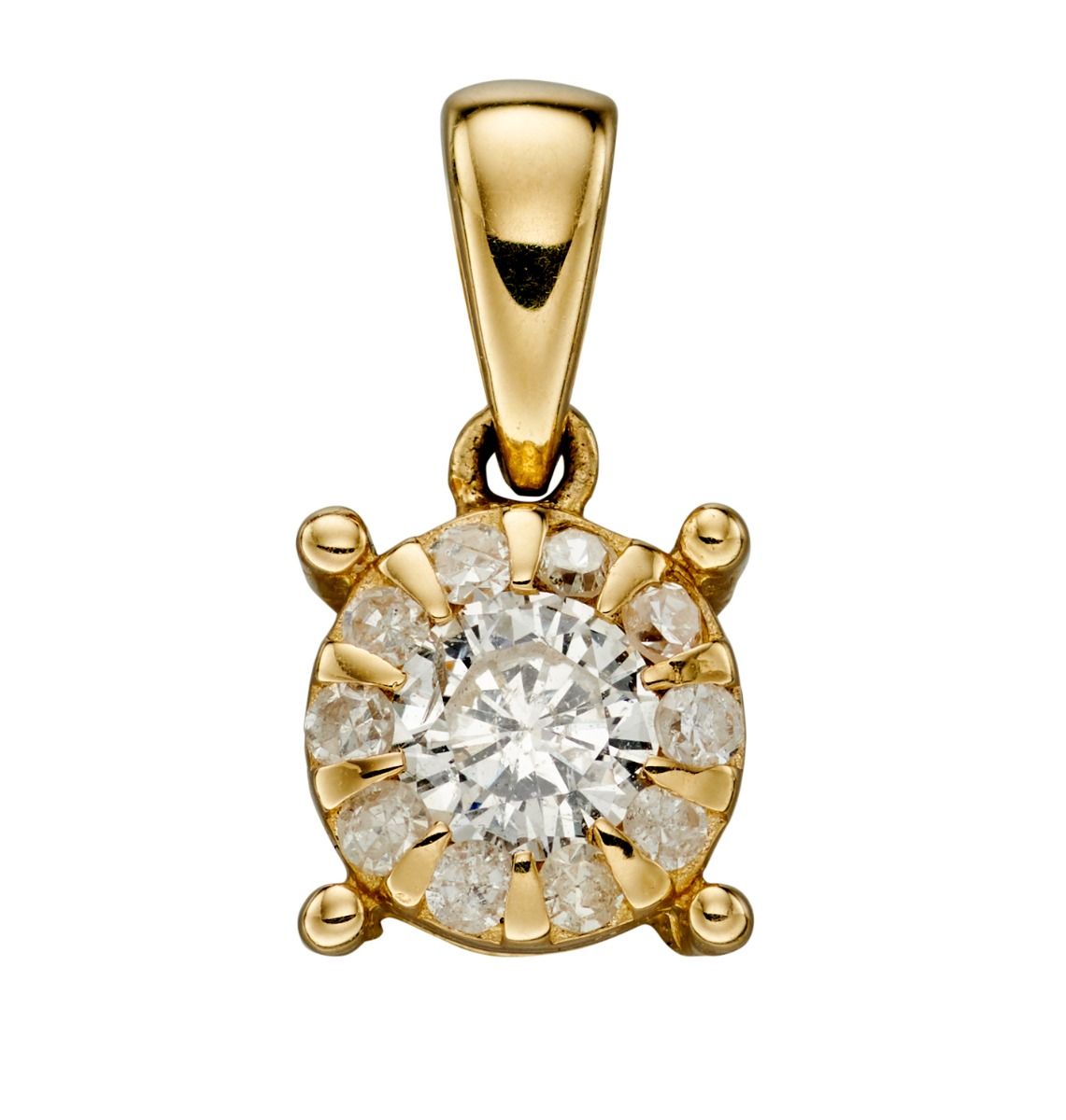 An illusion set round shaped pendant set with eleven round brilliant cut diamonds 9ct yellow gold 18" long 9ct yellow gold tight linked diamond cut square trace chain with lobster clasp.