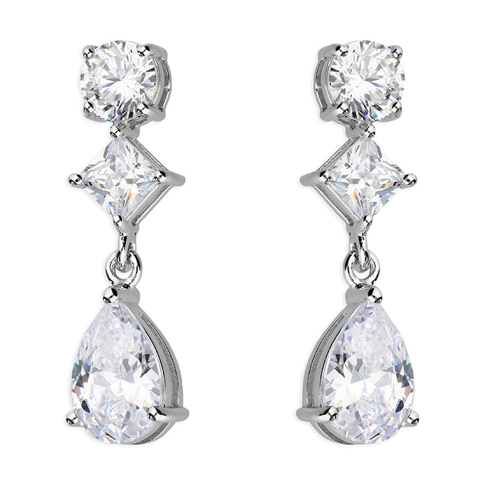 Silver CZ Pear and Princess Cut Drop Earrings - John Ross Jewellers