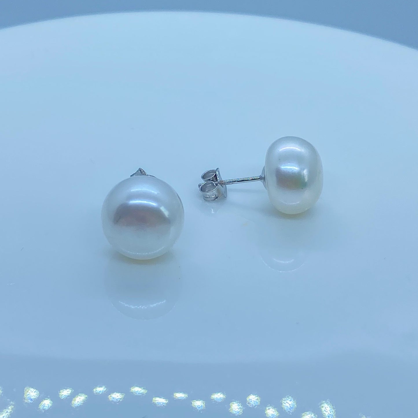 Bruno 18ct white gold freshwater pearl button stud earrings with 11mm pearls, elegant and classic jewelry for pierced ears.