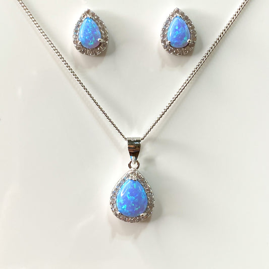 Silver Blue Opalique & CZ Pear Earring and Necklace Set - John Ross Jewellers