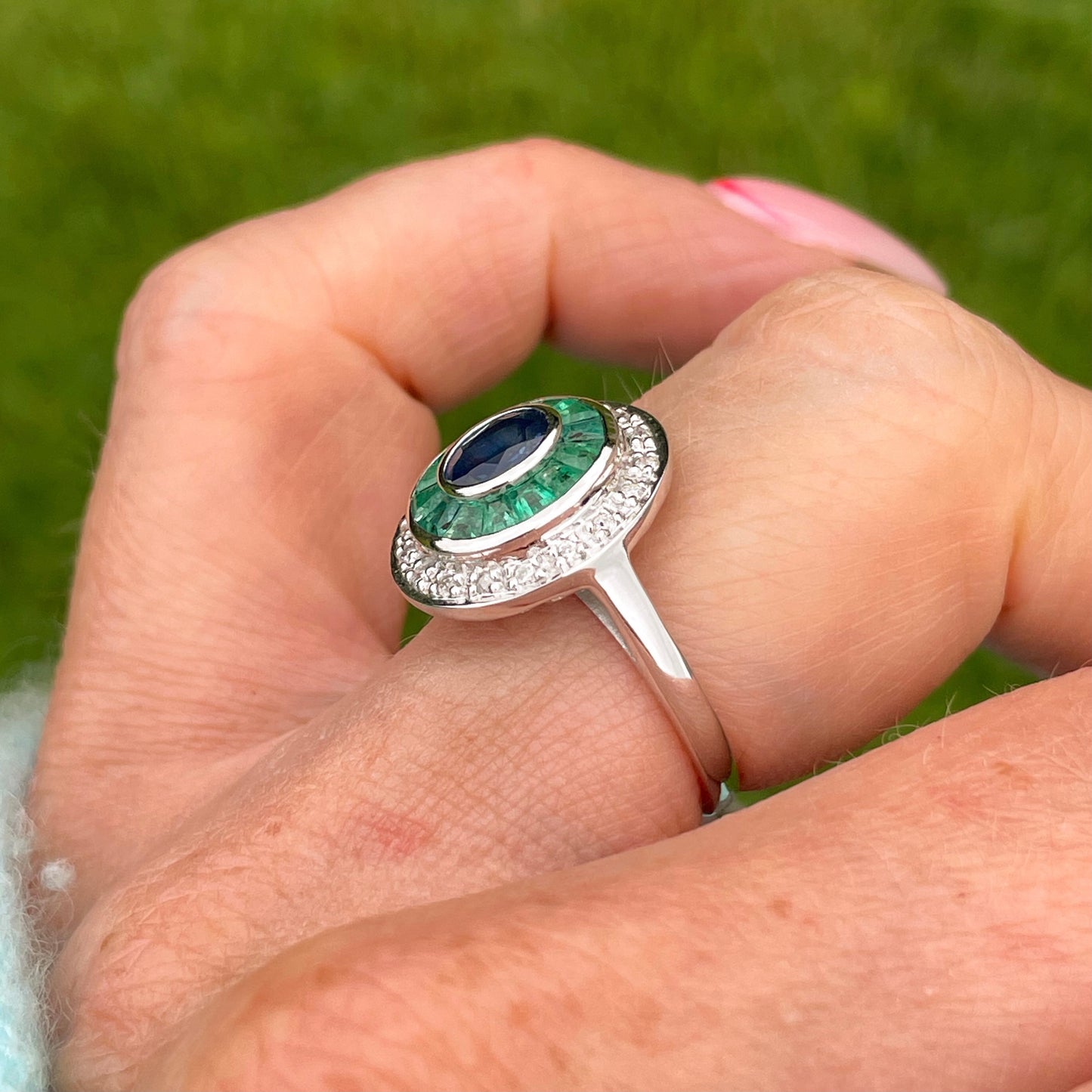 9ct White Gold Sapphire, Emerald & Diamond Ring - John Ross Jewellers