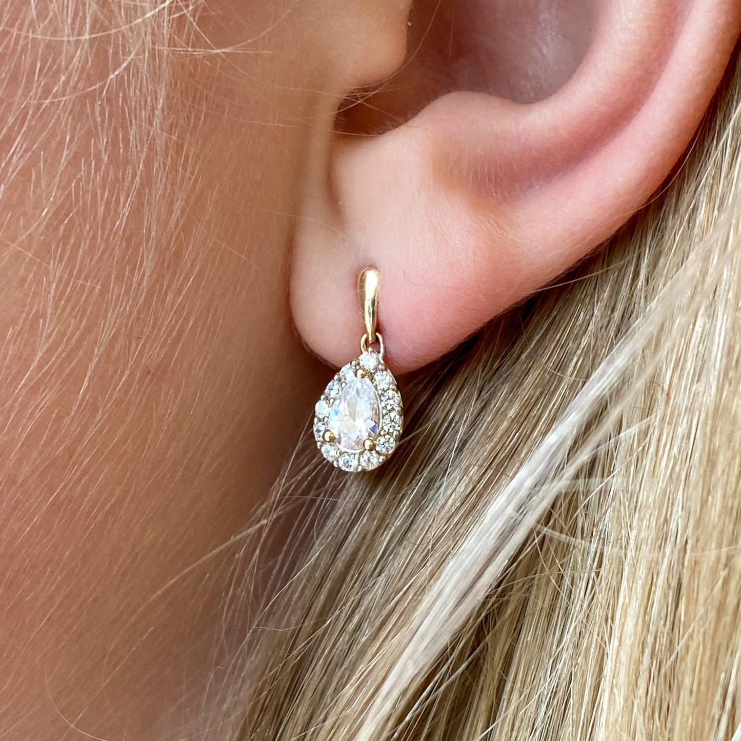 9ct Gold Pear Halo CZ Drop Earrings - John Ross Jewellers