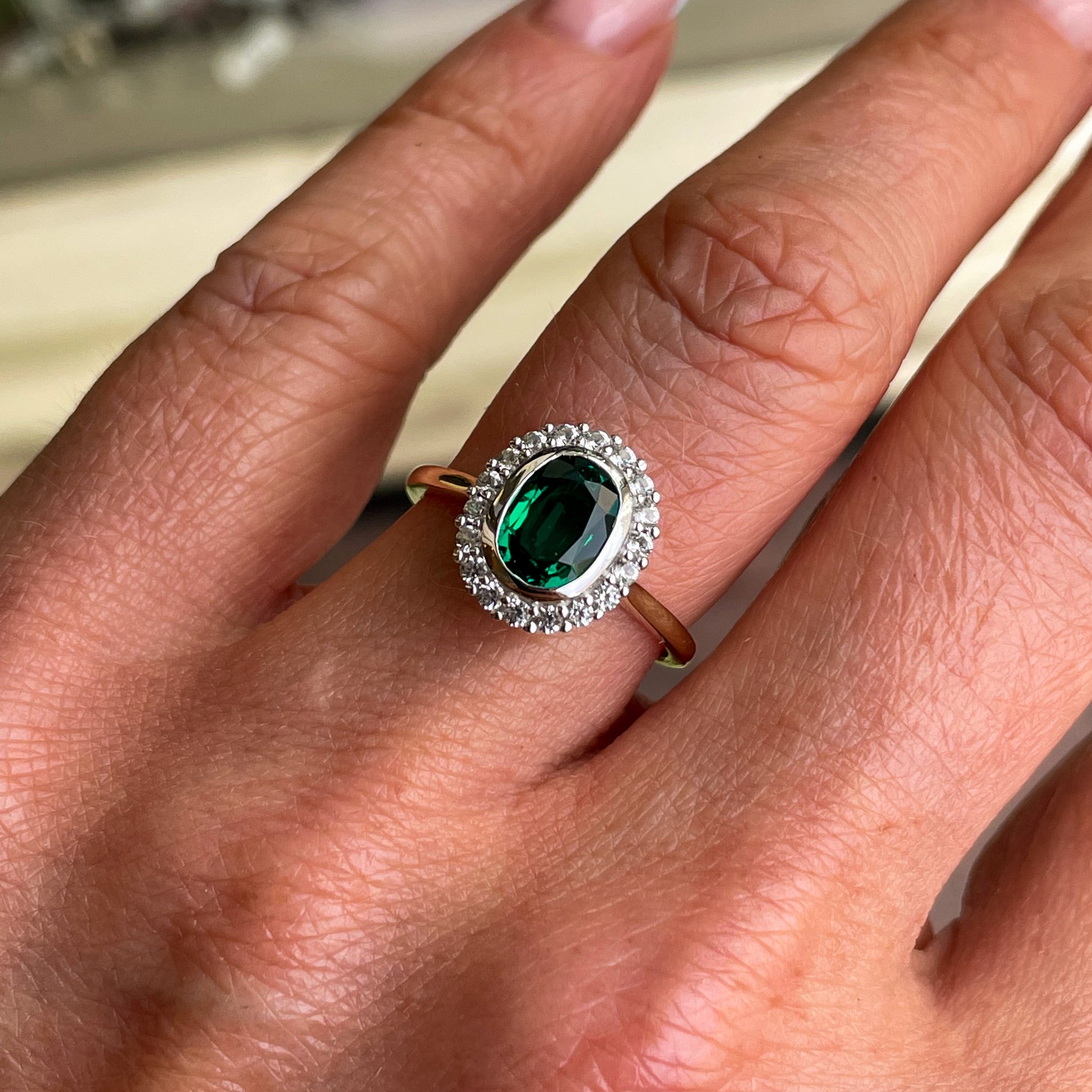9ct Gold Created Emerald & CZ Oval Cluster Ring - John Ross Jewellers
