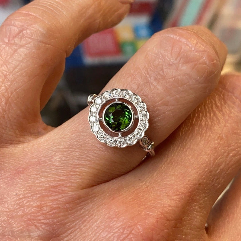 18ct White Gold Green Tourmaline & Diamond Ring - John Ross Jewellers
