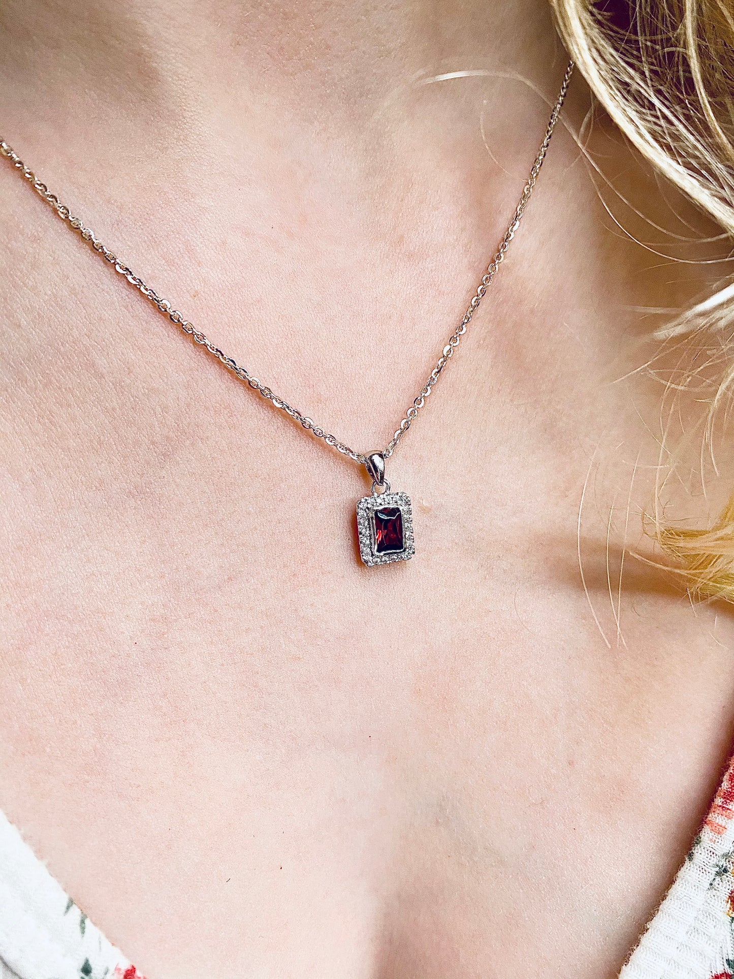 Silver Created Garnet & CZ Halo Pendant Necklace | Rectangular - John Ross Jewellers