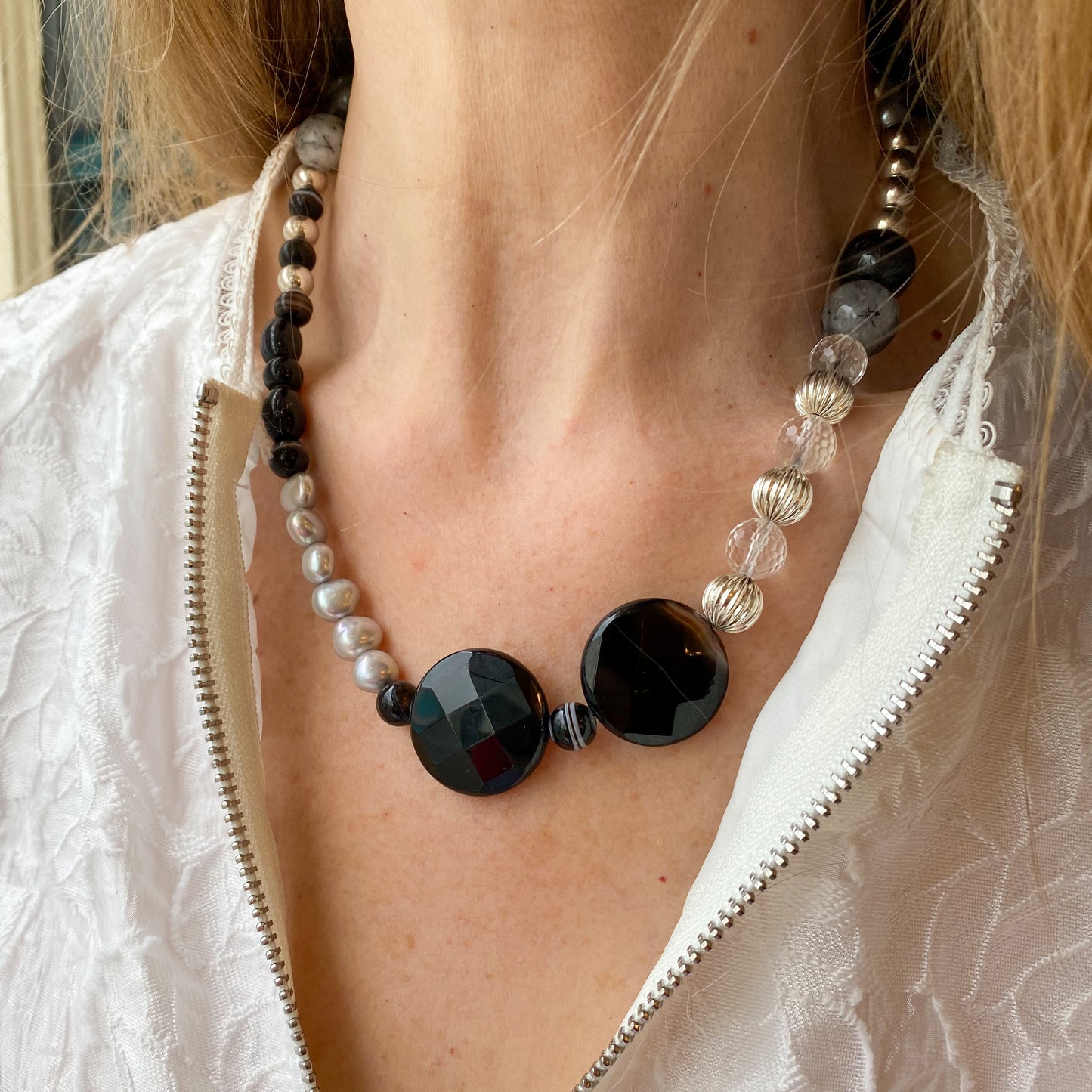 Silver Banded Agate & Freshwater Pearl Asymmetrical Statement Necklace - John Ross Jewellers