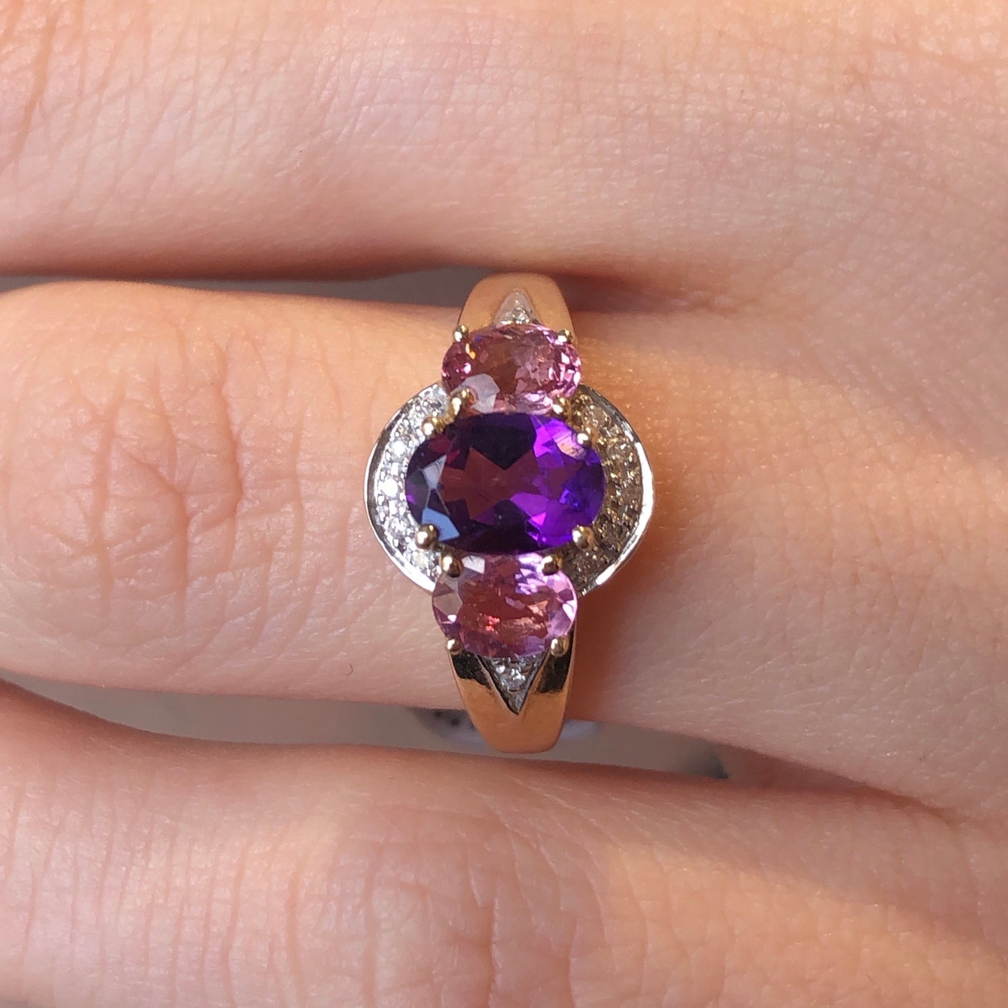 9ct Gold Amethyst, Pink Tourmaline & Diamond Ring - John Ross Jewellers