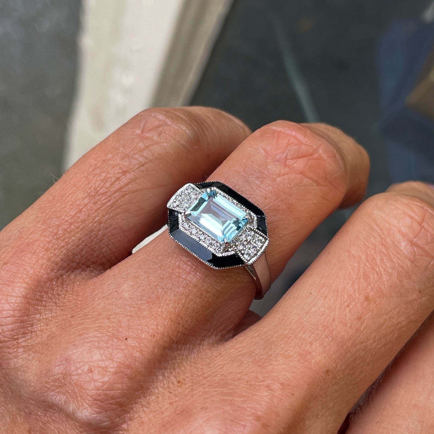 Platinum Blue Topaz, Onyx & Diamond Cocktail Ring | 1.70ct - John Ross Jewellers