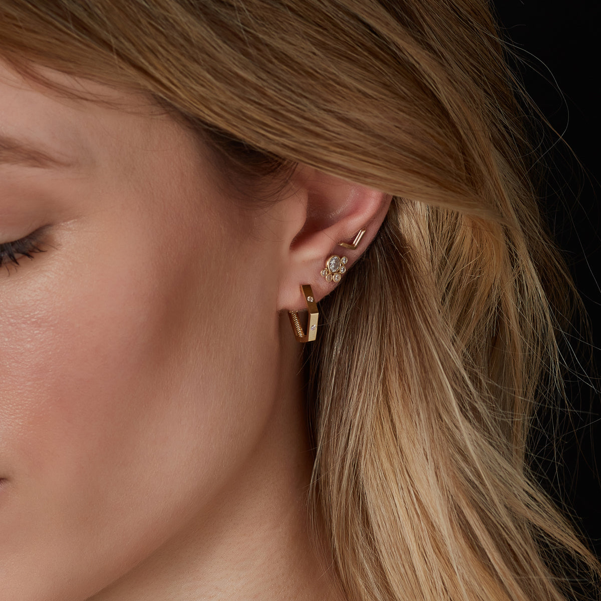 9ct Gold CZ Hexagonal Huggie Hoop Earrings - John Ross Jewellers