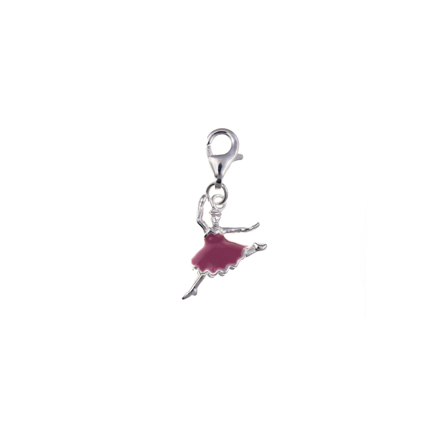 Silver ballerina charm with pink enamel detail, crafted by IDL, perfect for jewelry or charm bracelets.