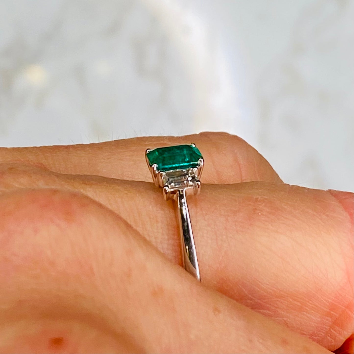 18ct White Gold Emerald & Diamond Trilogy Ring - John Ross Jewellers