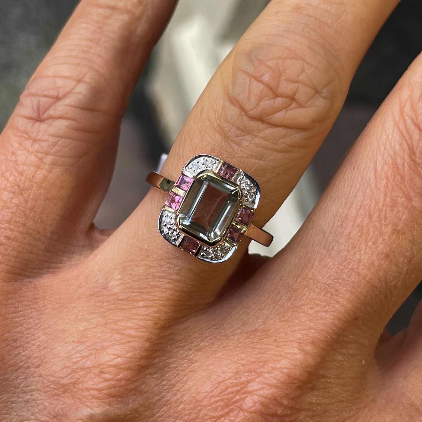 9ct Gold Green Amethyst, Pink Tourmaline & Diamond Ring - John Ross Jewellers