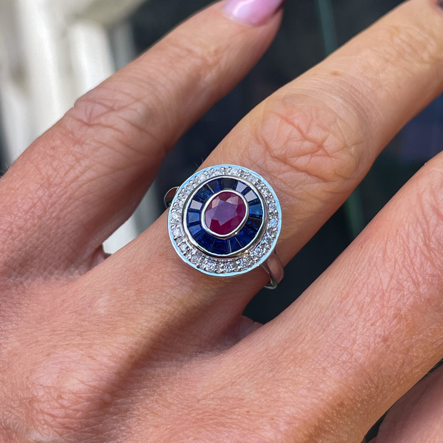 9ct White Gold Ruby, Sapphire & Diamond Ring - John Ross Jewellers