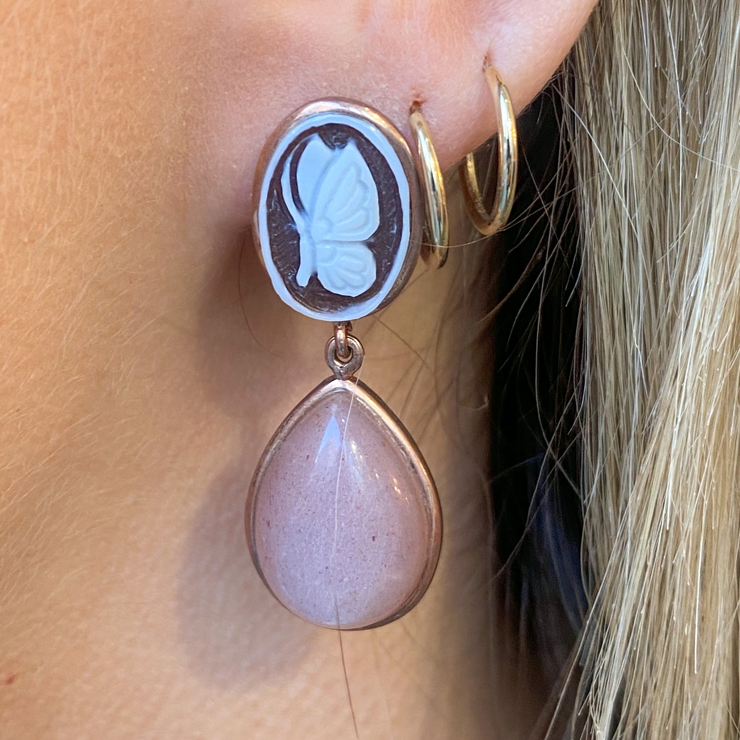Rose Silver Cameo & Rose Quartz Drop Earrings - John Ross Jewellers
