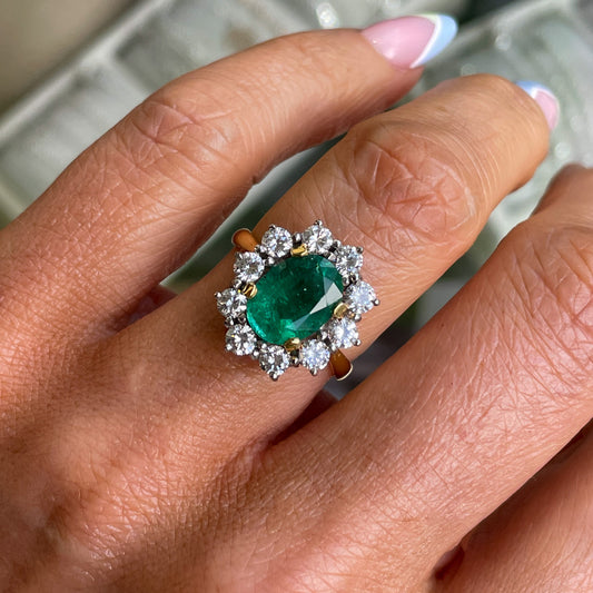 18ct Gold Emerald & Diamond Cluster Ring - John Ross Jewellers