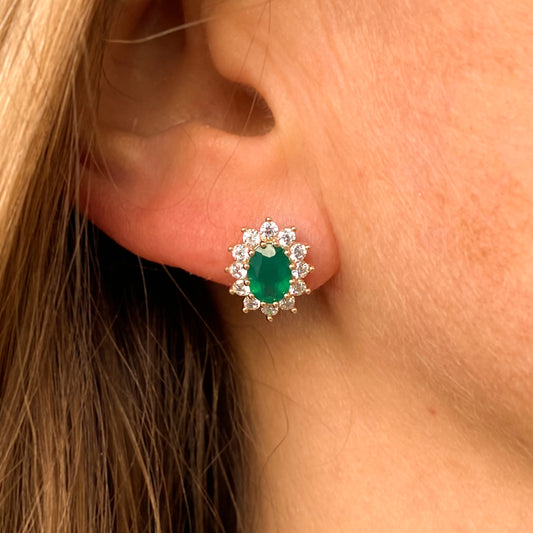 9ct Gold Green Agate & CZ Oval Stud Earrings - John Ross Jewellers