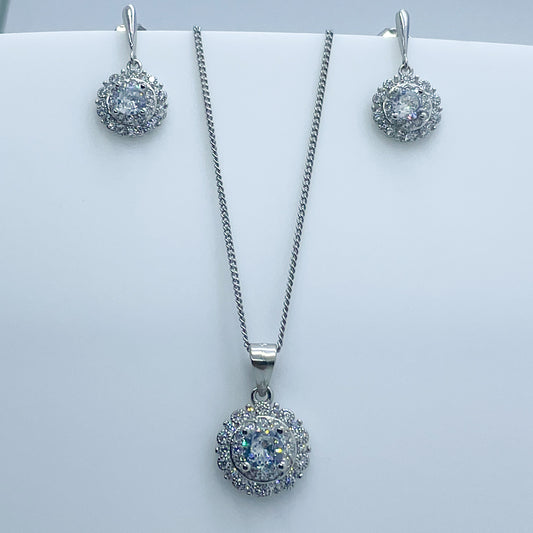 Silver CZ Double Halo Earring and Necklace Set - John Ross Jewellers