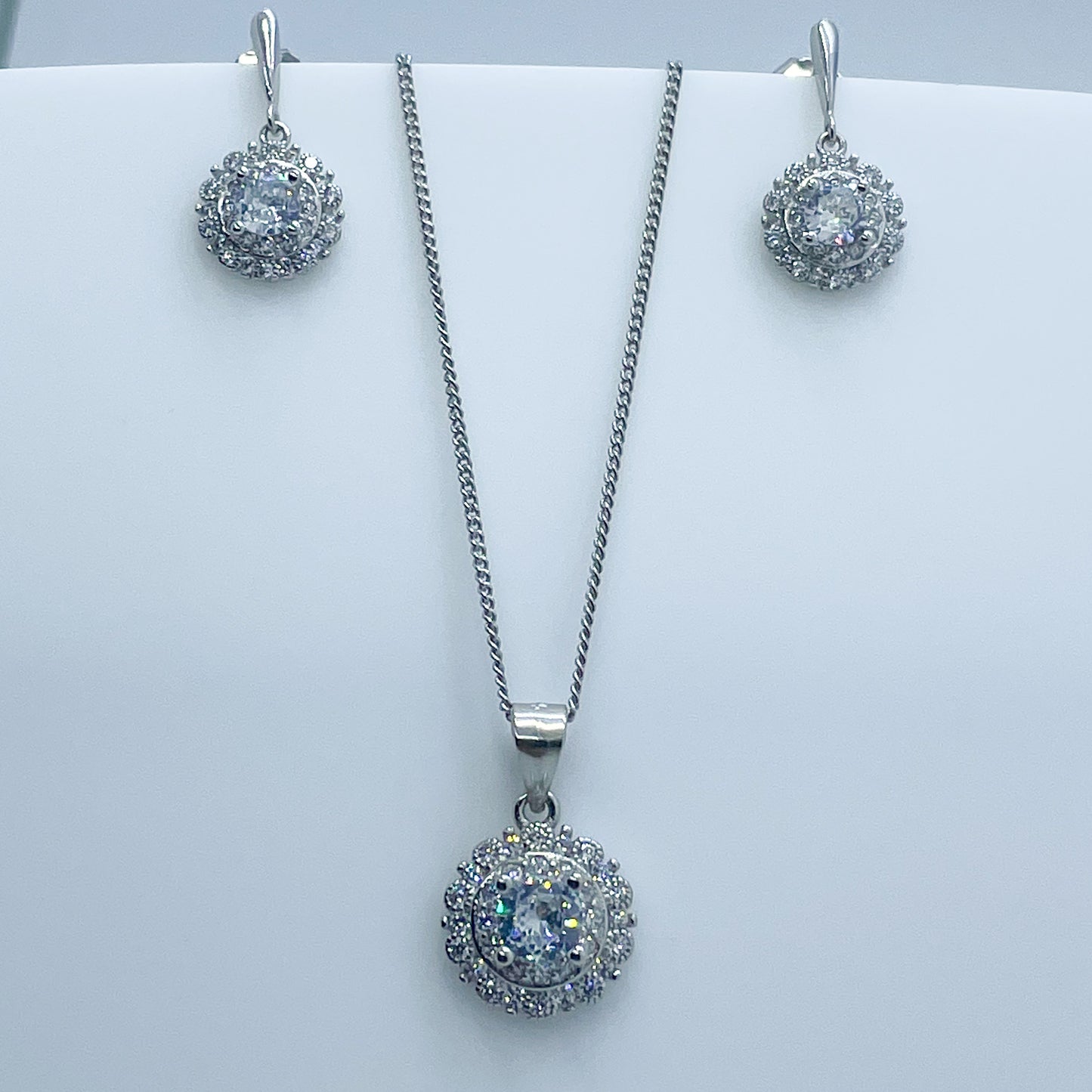 Silver CZ Double Halo Earring and Necklace Set - John Ross Jewellers