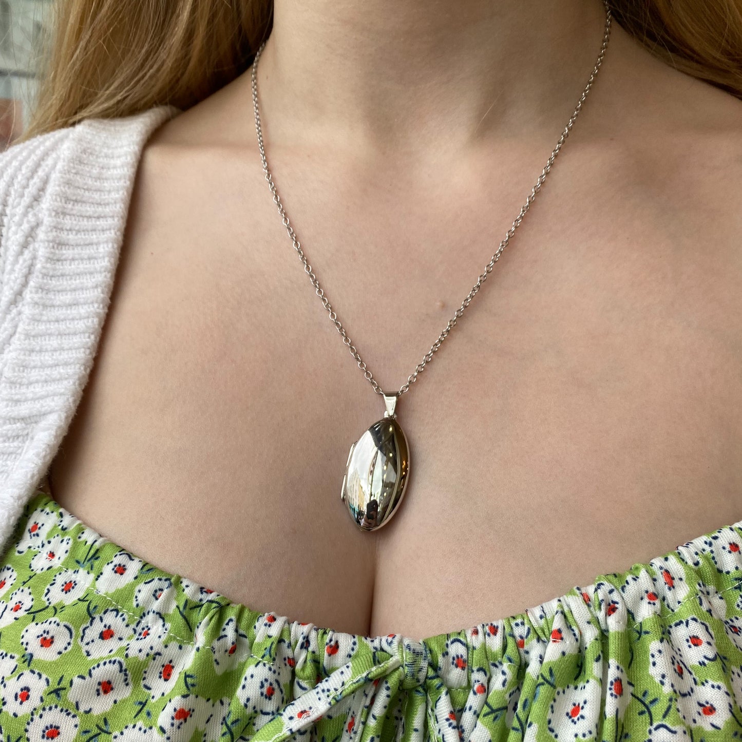 Silver Polished Long Oval Locket and Chain - John Ross Jewellers