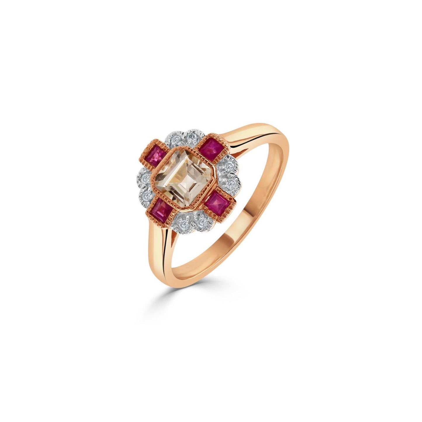 9ct Rose Gold Morganite, Ruby & Diamond Ring - John Ross Jewellers