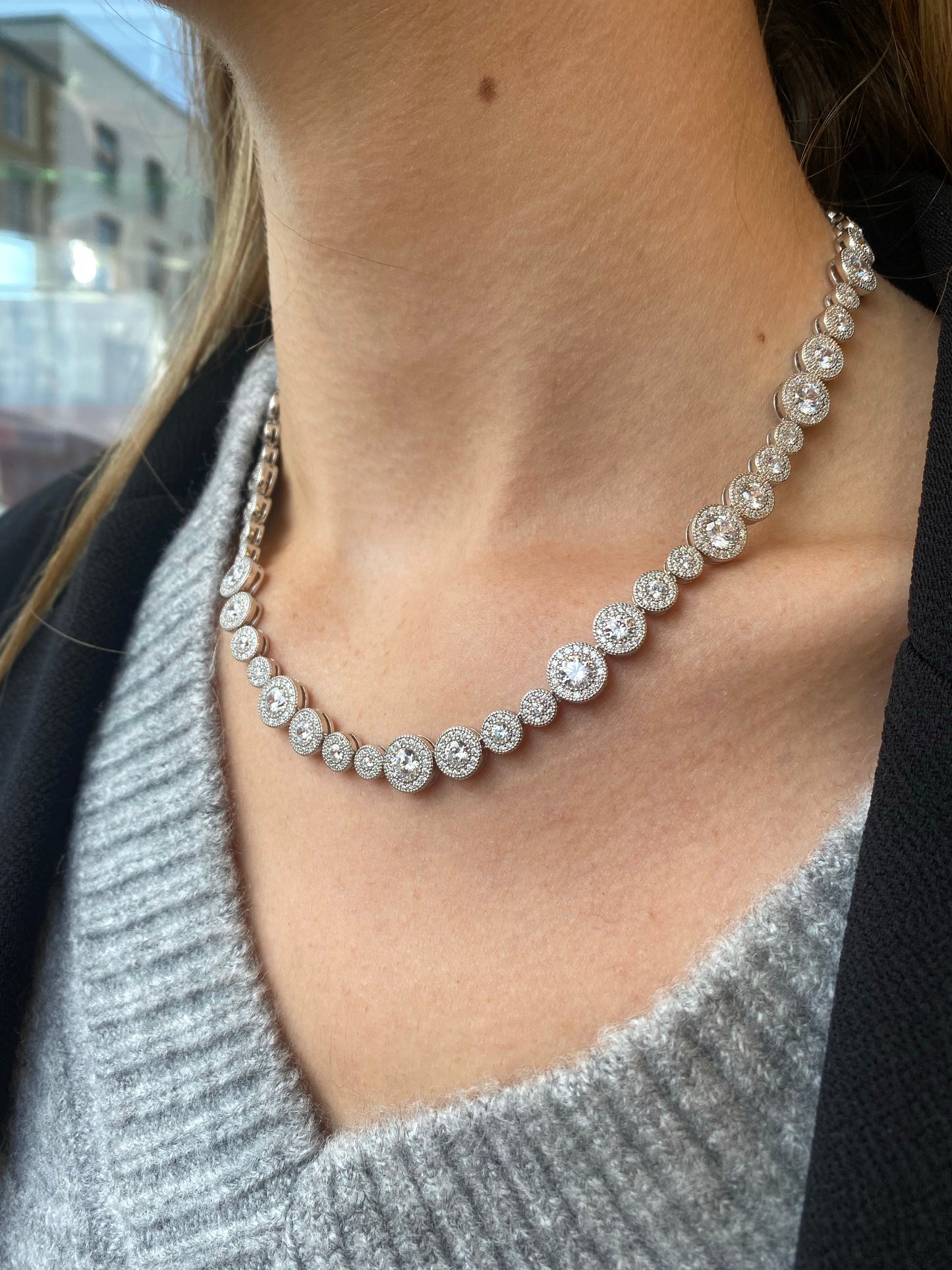 Silver CZ Halo Line Necklace - John Ross Jewellers