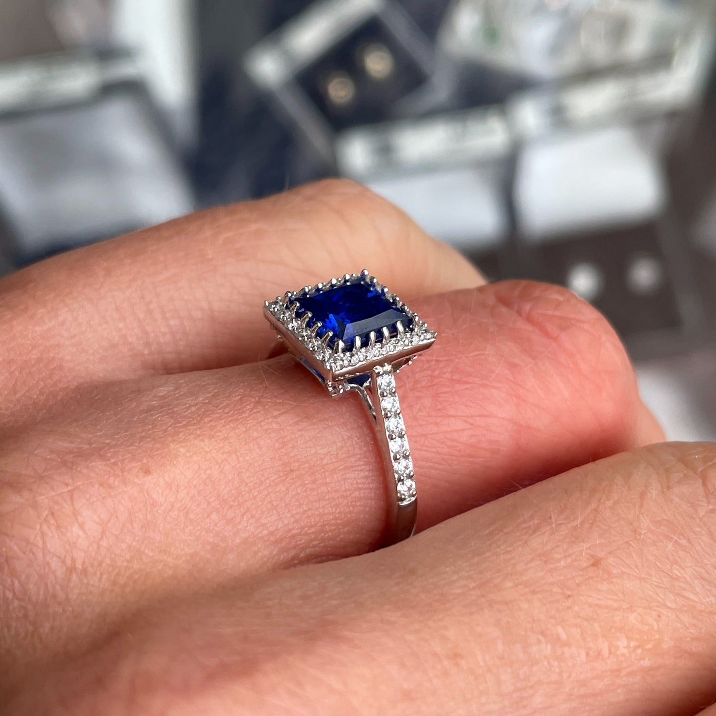 Silver Square Blue CZ Ring With Halo & Shoulders - John Ross Jewellers