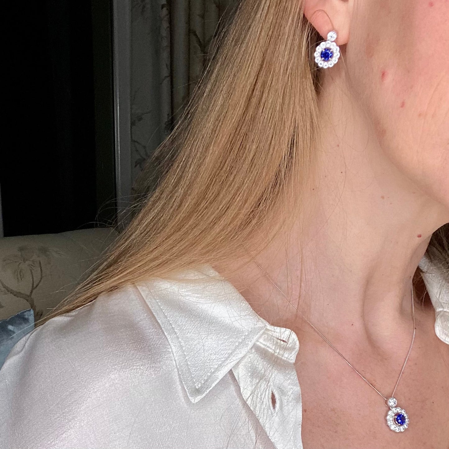 Silver Created Sapphire CZ Halo Drop Earrings - John Ross Jewellers