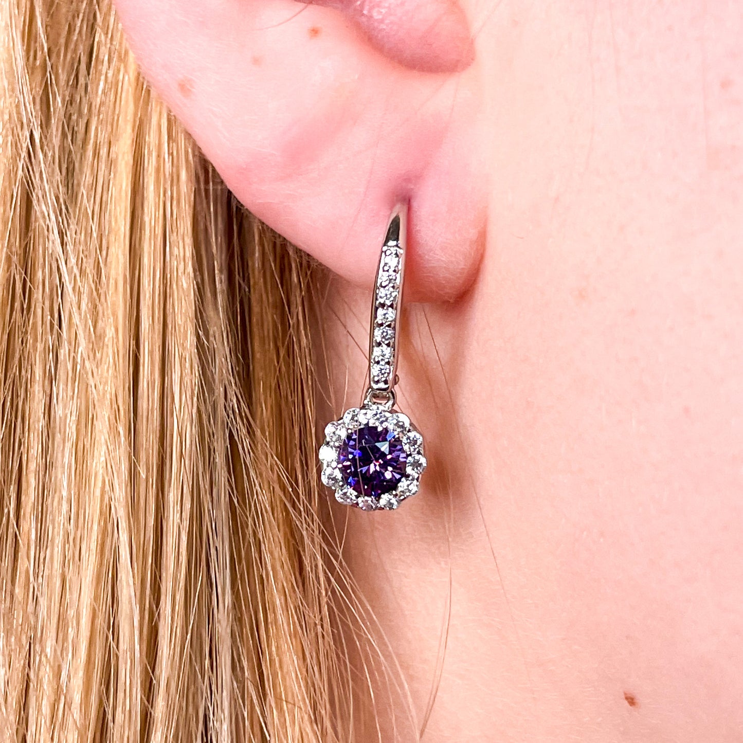 Silver CZ Halo Drop Earrings - Created Amethyst - John Ross Jewellers