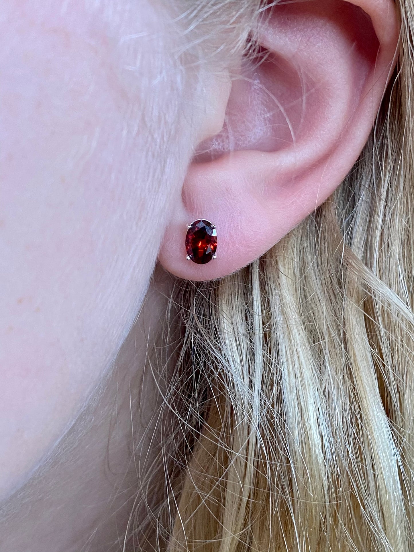 Silver Oval Created Garnet Set Stud Earrings - John Ross Jewellers