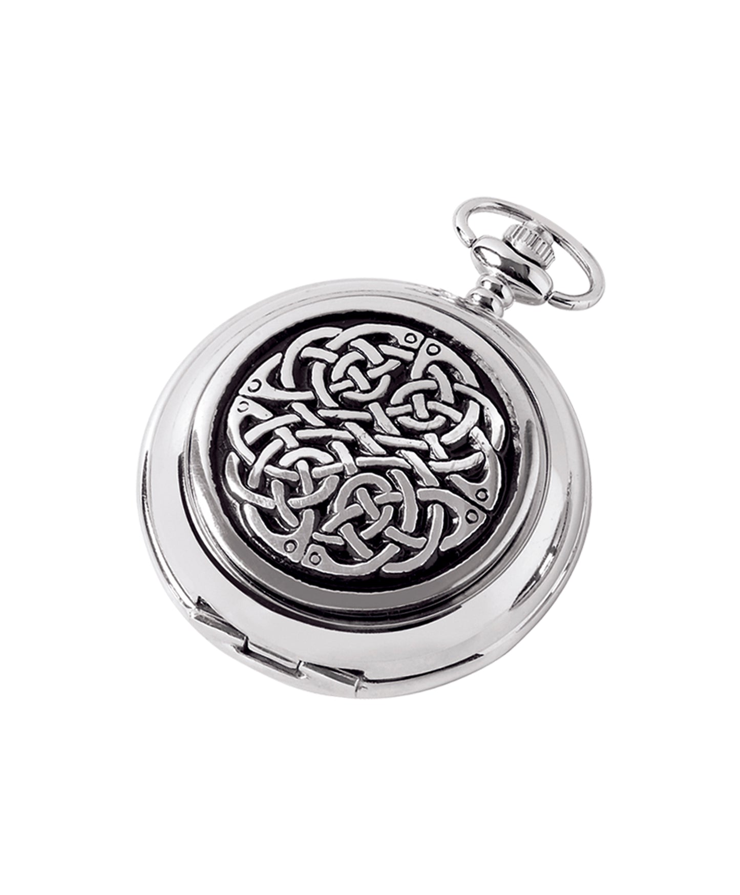 Harrison quartz pocket watch with a decorative never ending knot design, vintage style, silver-tone case, and classic chain attachment