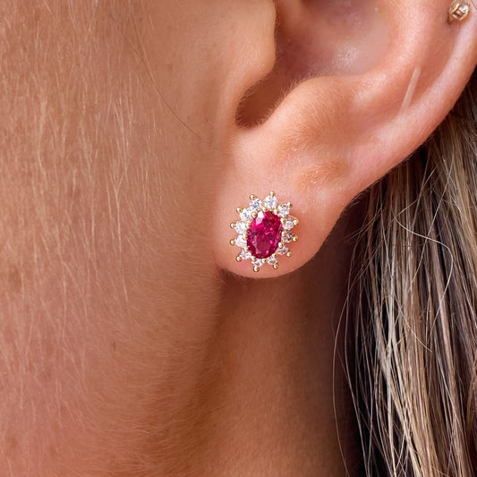 9ct Gold Created Ruby & CZ Oval Stud Earrings - John Ross Jewellers