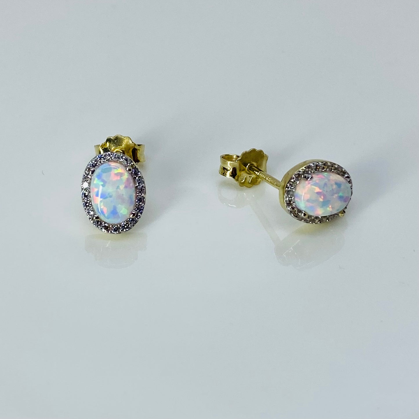 9ct Gold Oval Opalique CZ Halo Stud Earrings - John Ross Jewellers