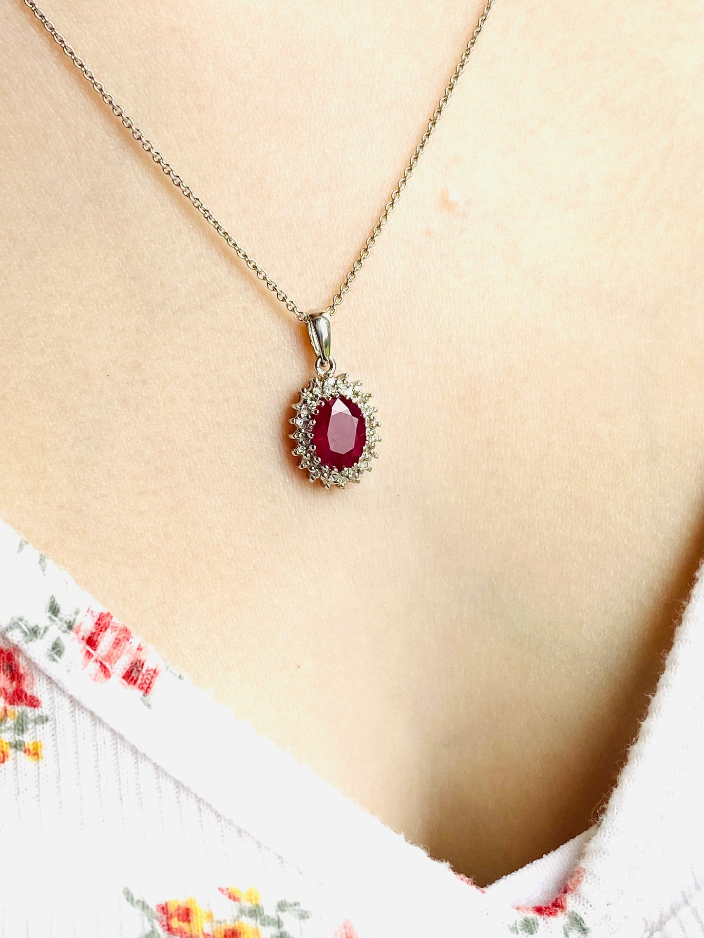 9ct White Gold Ruby & Diamond Oval Pendant - John Ross Jewellers