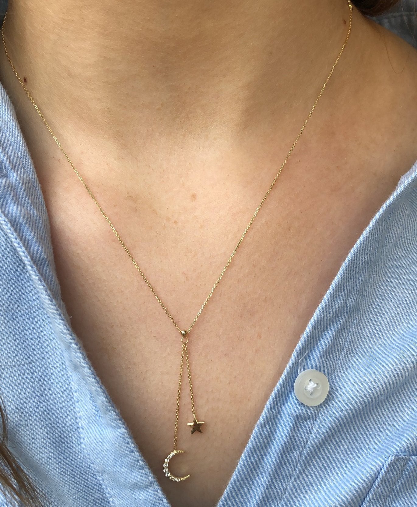 9ct Gold Sparkling Moon Star Lariat Necklace John Ross Jewellers