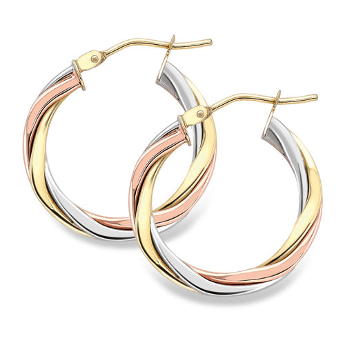 9ct Gold Three Colour Twist Hoop Earrings - Medium - John Ross Jewellers