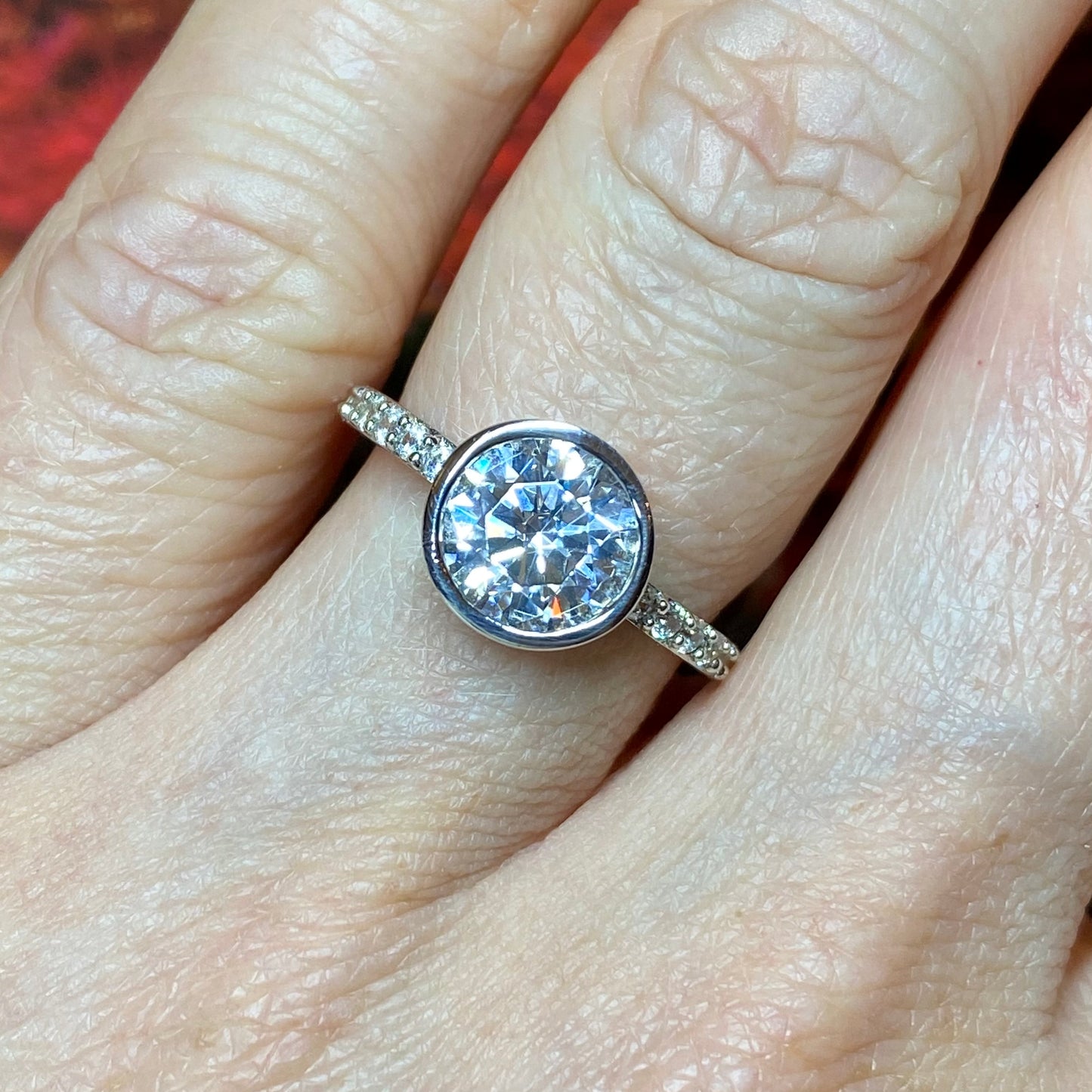 Silver Bezel Set CZ Solitaire Ring with CZ Shoulders - John Ross Jewellers